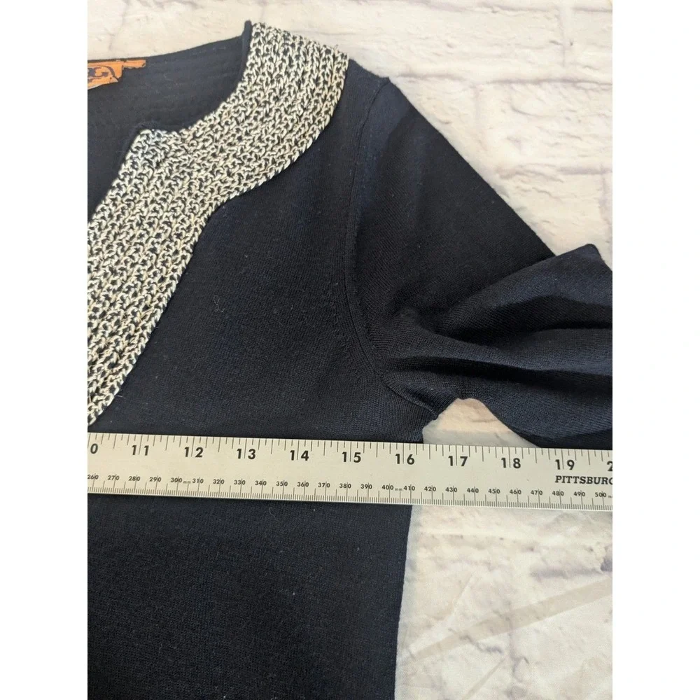 Tory Burch Merino Wool Tunic Sweater Medium NavyBeaded Rope Collar Long‎ Sleeve